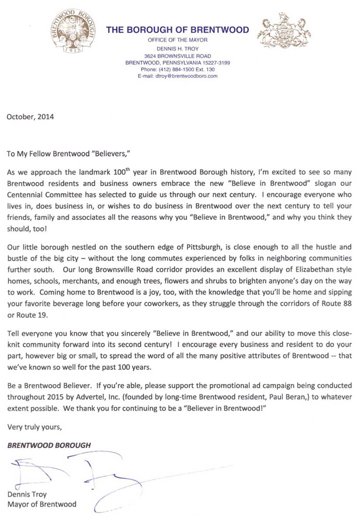 Letter from Brentwood Mayor Dennis Troy